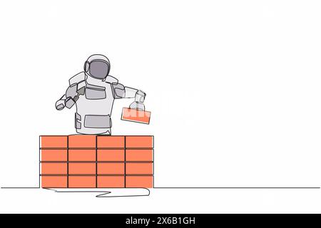 Linea continua che disegna il muro di mattoni di un astronauta. Sviluppo futuro delle case. Preparazione riparazione a domicilio sulla superficie lunare. Spac. Esterno cosmonauta Illustrazione Vettoriale