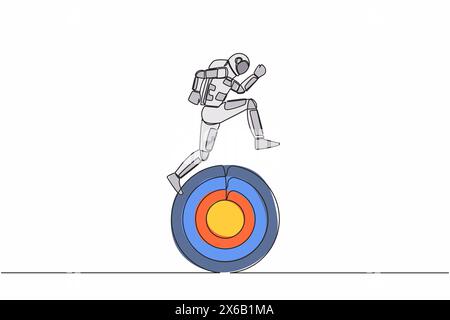 Linea singola continua che disegna l'astronauta che corre sulla tavola bersaglio sulla superficie lunare. Progredisci nella tecnologia delle astronavi per una spedizione galattica. Cosmonauta de Illustrazione Vettoriale