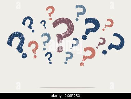 Simboli e segni di un gruppo di punti interrogativi disegnati a mano disposti in un semicerchio. Sfondo del questionario. Scelta - problema domanda - dubbio Illustrazione Vettoriale