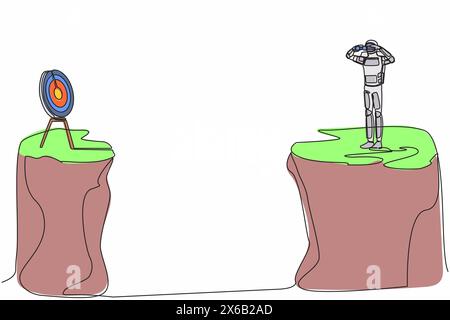 Una linea continua disegna l'astronauta in piedi sulla scogliera con binocoli in cerca di bersaglio su un'altra scogliera. Concentrarsi sull'innovazione delle astronavi. Cosmonauta fuori Illustrazione Vettoriale
