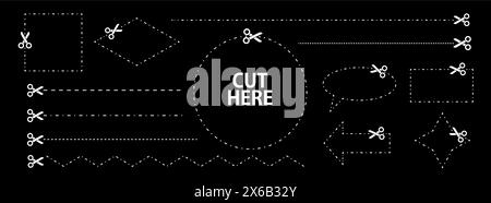 Set di forbici con linee di taglio. Collezione vettoriale di diverse forme geometriche con tratti tratteggiati e forbici che tagliano la carta dai vari Illustrazione Vettoriale