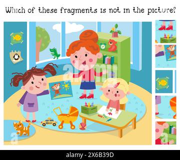 Ragazze carine all'asilo. Trova frammenti nascosti. Gioco per bambini. Personaggi dei cartoni animati. Illustrazione vettoriale. Illustrazione Vettoriale