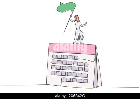 Un solo disegno di un uomo d'affari arabo in piedi sul grande calendario della scrivania alzando la bandiera. L'avvio di piccoli passaggi in un modello di business pianificato è fondamentale Illustrazione Vettoriale