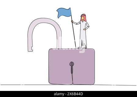 Disegno continuo di un uomo d'affari arabo in piedi su un grande lucchetto aperto che tiene la bandiera. Un uomo d'affari di successo trova delle scappatoie in una rete per hackerarmi Illustrazione Vettoriale