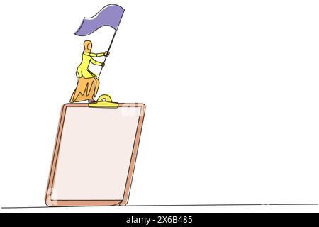 Disegno continuo di una linea di una donna d'affari araba in piedi su un grande appunti che innalza la bandiera. Creare un business plan quotidiano per un funzionamento agevole del bus Illustrazione Vettoriale