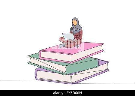 Un'unica linea continua che disegna una donna d'affari araba seduta su una pila di libri giganti che tengono un webinar su un notebook. Studia il business online. Lettura. Literat Illustrazione Vettoriale