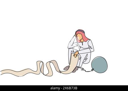 Un disegno su una sola linea di un uomo d'affari arabo si siede sul pavimento e i piedi sono incatenati da una sfera di acciaio tenendo in mano un foglio di fatturazione. Ingannato dal prestito sh Illustrazione Vettoriale