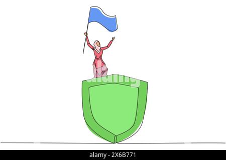 Un unico disegno continuo di una giovane donna d'affari araba in piedi su uno scudo gigante che innalza la bandiera. Uomo d'affari della sicurezza di rete che celebra una nuova cooperativa Illustrazione Vettoriale