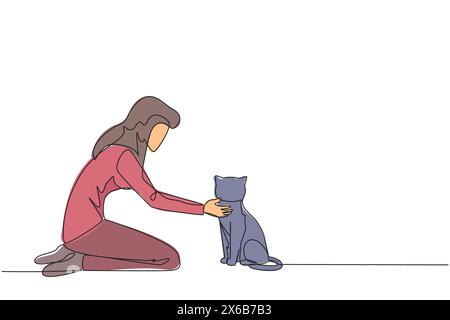 Un solo disegno su una linea di una giovane bella donna che abbraccia il suo gatto. Mentre si inginocchiava, mise il suo carino gatto sul pavimento mentre lo accarezzava sul nec Illustrazione Vettoriale