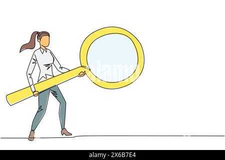Una linea continua disegna una donna d'affari in piedi con una lente d'ingrandimento gigante. Somigliante alla chitarra, cerca, analizza, trova tutto il necessario Illustrazione Vettoriale