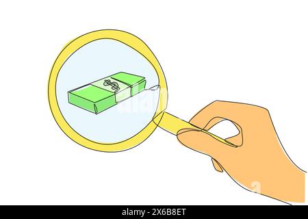 Una linea continua disegnando una grande mano con lente d'ingrandimento mette in risalto una pila di banconote. Saggezza nell'atteggiamento. I soldi saranno usati per gli affari Illustrazione Vettoriale