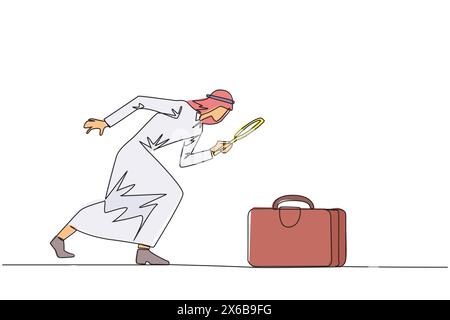 Una sola linea che disegna un uomo d'affari arabo con lente d'ingrandimento mette in risalto la valigetta. Ha riordinato immediatamente la valigetta per andare in affari Illustrazione Vettoriale