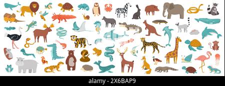 Un gran gruppo di animali. Fauna locale e selvatica. Personaggi carini come rettili, uccelli, pesci e mammiferi. fenicottero esotico Illustrazione Vettoriale