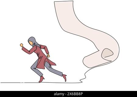 Una sola linea che disegna una donna d'affari araba che corre inseguita dalle banconote in rotoli di carta a pendolo. Cercando di scappare dalle responsabilità per pagare tutto Illustrazione Vettoriale