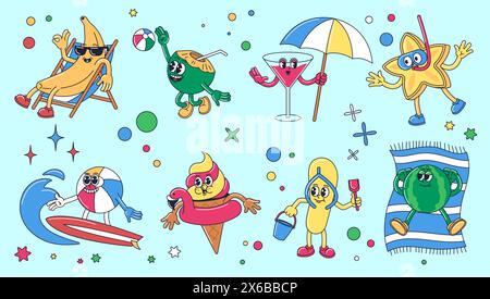 Mascotte da spiaggia a cartoni animati. Personaggi del divertimento estivo per il marketing delle vacanze o la progettazione di eventi in spiaggia. Set di illustrazioni vettoriali in stile anni '1930 Illustrazione Vettoriale
