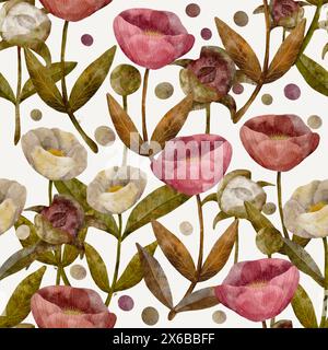 Delicate peonie decorative di colore rosa e crema con fogliame verde, arte digitale disegnata a mano in stile acquerello, motivo senza cuciture su sfondo bianco per la stampa su tessuto e carta Foto Stock