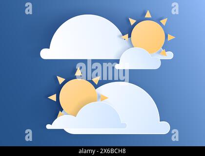 Elemento meteo tagliato in carta di nuvole e sole su sfondo blu cielo. Raccolta di simboli dell'icona del fumetto bianco di previsione. Icona cornice 3D Papercraft per i poster Illustrazione Vettoriale