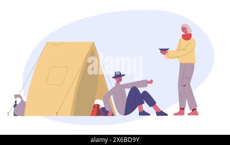 Donazione di senzatetto. Personaggi femminili e maschili che implorano soldi cibo. Povera donna e uomo seduti vicino alla tenda Illustrazione Vettoriale