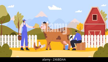 Personaggi contadini dell'agricoltura agricola. Uomo seduto a mungere la mucca nel secchio. Donna cartoni animati che dà da mangiare al pollo Illustrazione Vettoriale