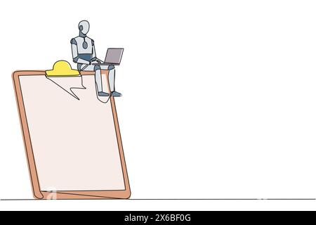 Un'unica linea continua disegna l'intelligenza artificiale robotica seduta su un gigantesco notebook con tipizzazione degli appunti. Moderno robot con doppio controllo. Tecnologia Illustrazione Vettoriale