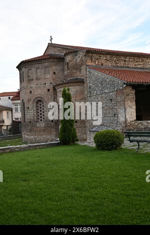 Macedonia del Nord, Ocrida, statue e chiesa di Santa Sofia Foto Stock