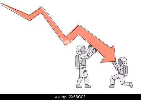 Una linea continua che disegna due astronauti con grandi grafici a freccia che scendono verso il basso. Uno di loro ha la fine Lavoro di squadra in modo che la freccia possa tornare indietro u Illustrazione Vettoriale