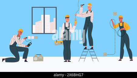 Elettricisti professionisti che eseguono l'installazione in appartamento. Personaggi maschili che hanno lavori in interni Illustrazione Vettoriale