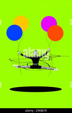 Immagine di schizzo grafica di tendenza composita collage fotografico di giovane ginnasta sportiva signora salto gambe distese in mano palloncini luminosi Foto Stock