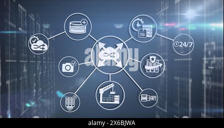 Immagine di macchie luminose e icone multimediali su sfondo blu Foto Stock