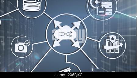 Immagine di macchie luminose e icone multimediali su sfondo blu Foto Stock