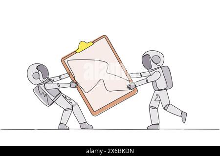 Linea singola continua che disegna due astronauti arrabbiati che combattono sopra gli appunti. Utile per semplificare il controllo dei report. Conflitto di astronauti. Aggress Illustrazione Vettoriale