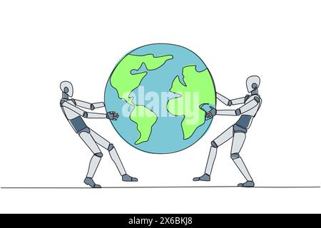 Una sola linea che disegna due potenti robot che combattono per il globo. Combattimenti per l'area che sarà l'obiettivo dell'espansione delle vendite. Aggressivo. Umano Illustrazione Vettoriale