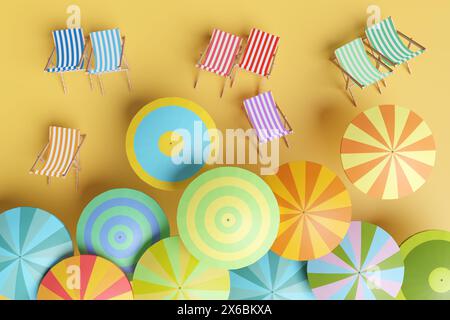 Sedie a sdraio colorate e ombrelloni da spiaggia di diversi motivi e colori sulla sabbia. Concetto di vacanza, estate, turismo e relax Foto Stock
