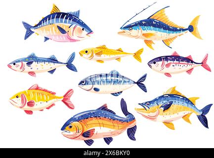 Set di pesci di mare ad acquerello. Illustrazione vettoriale di diversi tipi di pesci d'acqua salata, come il salmone rosa, il merluzzo, l'orata di Gilt, il pesce di roccia, lo sgombro Illustrazione Vettoriale