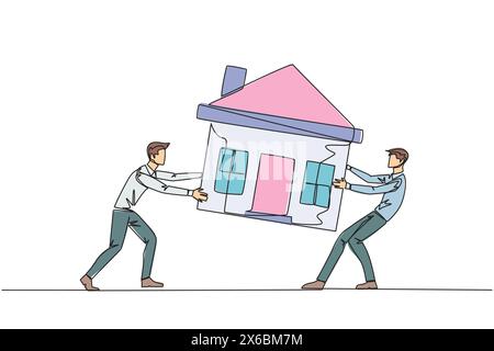 Una linea continua che attira due uomini d'affari emotivi che lottano per una casa in miniatura. Il concetto di lottare per una casa lussuosa che vogliono davvero Illustrazione Vettoriale