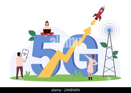 Connessione di rete 5G ad alta velocità. Le persone più piccole caricano dati e navigano su Internet con caratteri 5G e velocizzano il lancio dei razzi, inviano segnali a smartphone e laptop dall'illustrazione vettoriale dei cartoni animati delle telecomunicazioni Illustrazione Vettoriale
