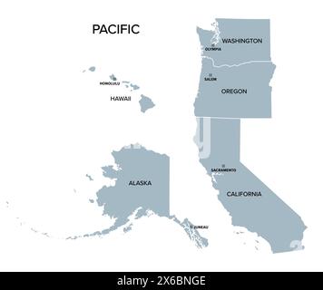 stati del Pacifico, costa occidentale degli Stati Uniti, mappa politica grigia. Divisione del censimento degli Stati Uniti della regione occidentale. Foto Stock