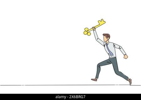 Una linea continua che attira un uomo d'affari che corre tenendo la chiave. Festeggiamo. Esegui movimenti come un atleta a staffetta. La chiave segreta per la ripresa degli affari Illustrazione Vettoriale