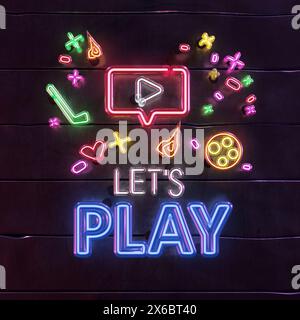 Testo realistico per i segni al neon: Giochiamo, non gen ai Foto Stock