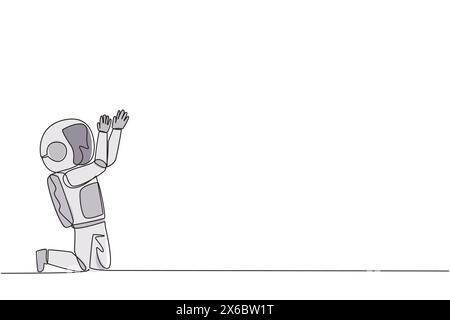 Continua una linea che disegna l'astronauta inginocchiato alzando le mani per pregare. Pregare per rendere più facile fare affari. L'astronauta ha perso la speranza. Arrendetevi. Sadnes Illustrazione Vettoriale