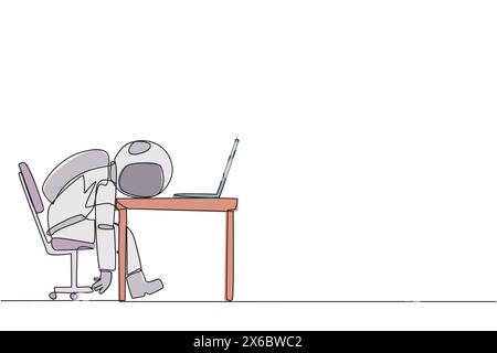 Un astronauta continuo con una linea di disegno si è addormentato di fronte a un computer portatile. Stanchezza nella gestione di un'azienda. Problema di salute mentale. Esausto e alesaggio Illustrazione Vettoriale