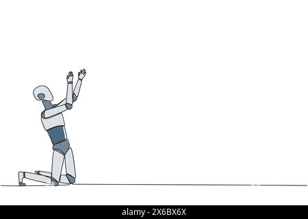 Una linea continua che disegna il robot inginocchiato alzando le mani per pregare. Pregare per rendere più facile fare affari. Il robot ha perso la speranza. Arrendetevi. Tristezza. T Illustrazione Vettoriale