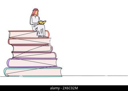Una linea continua che disegna un uomo arabo seduto su una pila di libri che leggono libri. Grande interesse per la lettura. Aprire orizzonti di pensiero. Festival del libro c Illustrazione Vettoriale