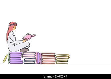 Una sola linea disegna un uomo arabo seduto rilassati leggendo un libro su una pila di libri. Rilassati mentre leggi un libro di narrativa. Divertiti con la trama. Libro festival conc Illustrazione Vettoriale