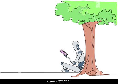 Robot continuo con una sola linea che disegna un libro da leggere sotto l'albero ombreggiato. Continuando il secondo volume del libro di narrativa. Buona lettura. Prenota festi Illustrazione Vettoriale