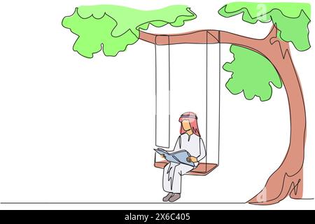 Una linea continua che disegna l'uomo arabo seduto su un'altalena sotto un libro di lettura dell'albero ombreggiato. Grande entusiasmo per la lettura. Legga ovunque. La lettura aumenta in Illustrazione Vettoriale