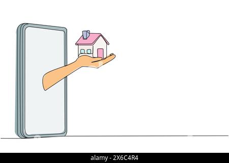 Una singola linea continua che disegna le mani dal centro dello smartphone che tiene una casa in miniatura. Ottenere la migliore risorsa sotto forma di casa da busi Illustrazione Vettoriale