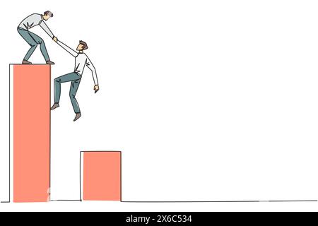 Un uomo d'affari che disegna una linea continua aiuta il collega a scalare il grafico a barre. Aiuta a salire su un terreno più alto. Progredire e avere successo insieme. Squadra Illustrazione Vettoriale