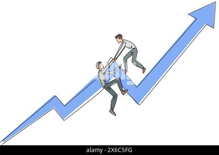 Un uomo d'affari che disegna una linea continua aiuta il collega a scalare il simbolo della freccia in salita. Aiutarsi a vicenda per raggiungere obiettivi soddisfacenti. Crescere Illustrazione Vettoriale