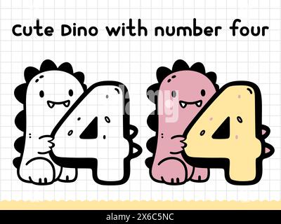 Simpatico dinosauro doodle con il numero quattro per i bambini in età prescolare. Illustrazione vettoriale. Illustrazione Vettoriale